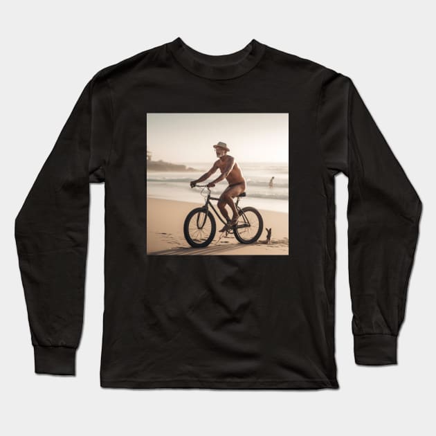 Elderly jolly man on bicycle riding on beach Long Sleeve T-Shirt by KOTYA